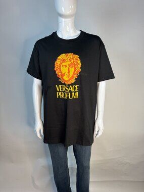 Versace Profumi Black Graphic Tee With Medusa Print - Vintage Style - Unisex - S